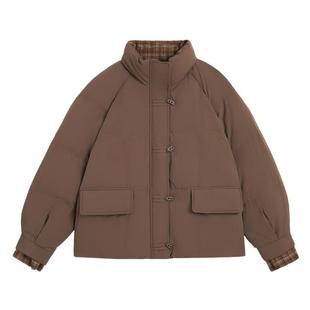 紫涵短款立领羽绒服女2025冬季新款内里撞色格纹盘扣宽松鸭绒外套