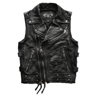 哈雷男款真皮皮衣马甲翻领修身短款拉链头层牛皮机车真皮大码背心