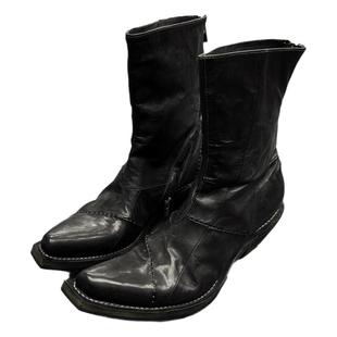 暗黑缝线拼接方头巫师靴复古中筒切尔西靴男粗跟螺旋斜拉链骑士靴