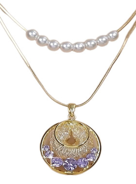 双层仿珍珠镂空网纱圆盘吊坠项链
