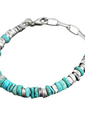 纯银复古天然蓝绿松石银珠手链