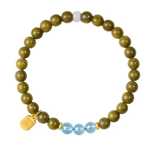 庆祥泰旗舰店绿檀木海蓝宝手串女款官方天然真品水晶转运佛珠手链