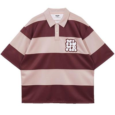 绫致MLMR男女同款情侣复古舒适刺绣条纹纽扣短袖POLO衫上衣时尚潮