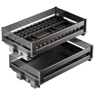 卡贝枪灰拉篮厨房橱柜铝合金抽屉式调味料碗碟架收纳碗篮调味拉篮