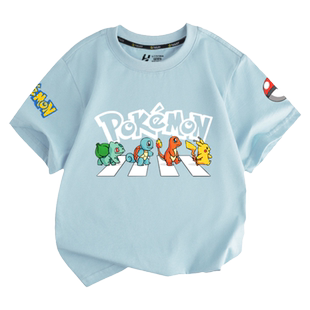 皮卡丘小火龙杰尼龟宝可梦联名短袖t恤衫男女儿童装学生宝宝半袖