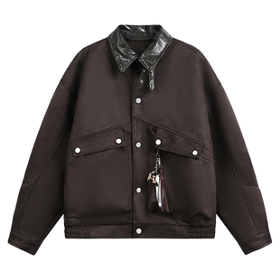 迈特优美式复古巴恩风皮领拼接夹克男春麂皮绒宽松大口袋工装外套