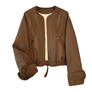 美拉德咖色围巾配麂皮羽绒服内胆外套女短款2025冬装新款厚夹克