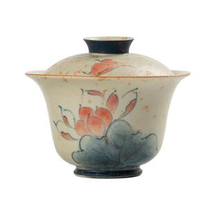 手绘荷花青花火石红手抓壶一壶两杯功夫茶具套装复古家用陶瓷茶壶