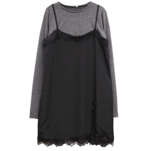 01/04 0点ohmyloli假两件缎面拼接蕾丝长袖套头连衣裙