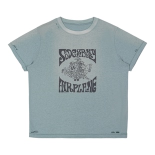 SOD Co. 做旧水洗T恤“Jefferson Airplane”蓝色复古纯棉短袖