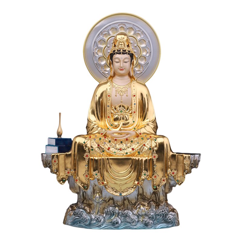 纯铜贴金禅思观音菩萨佛像坐山彩绘南海观世音佛像佛堂供奉摆件