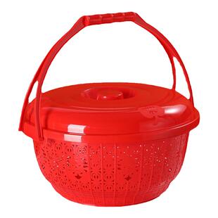 家用喜事塑料圆形带盖手提红篮子水果篮超市购物篮零食结婚收纳篮