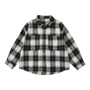 幼悠儿童棋盘格斜边口袋文艺翻领外套男童帅气衬衫2026新款秋装潮
