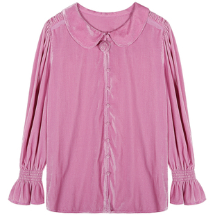 落落狷介 衬衫女款2025新款紫色丝绒复古新中式上衣泡泡袖小个子