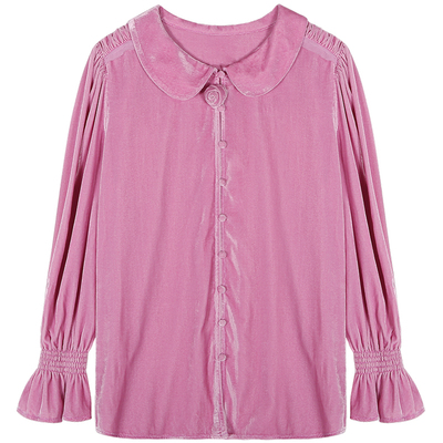 落落狷介泡泡袖紫色丝绒衬衫女