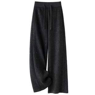 黑色满天星细闪毛呢阔腿裤女冬季2025新款松紧腰宽松显瘦加绒裤子