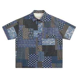 原创复古腰果花拼色衬衫大码宽松衬衫宽松花衬衫港风衬衫情侣夏