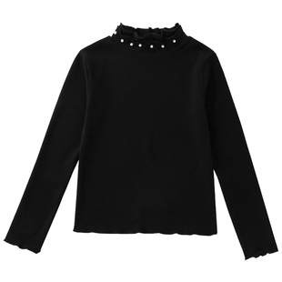 女童长袖t恤2026新款春秋半高领儿童黑白色打底衫小女孩德绒上衣