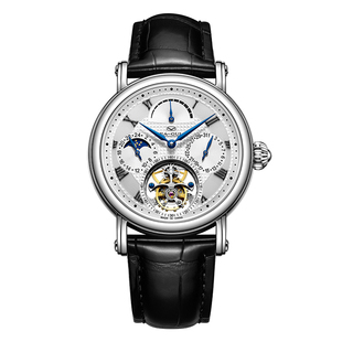 海鸥表偏心轴陀飞轮手表鳄鱼皮表带多功能机械表男士商务男表8836