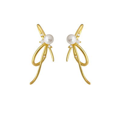 Dopamine Vault」媚黛.原创线条金色蝴蝶结珍珠耳环小众简约耳夹
