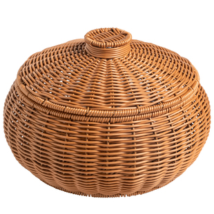 仿藤编织水果篮圆形零食篮子藤编带盖收纳筐首饰化妆品玩具收纳篮