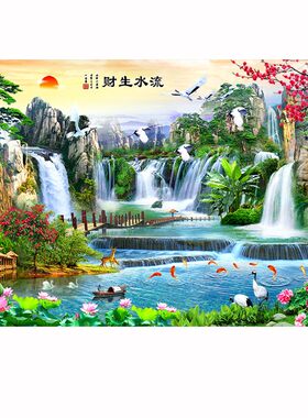 山水画背景墙3D立体壁画5d墙贴客厅装饰画自粘墙壁画墙画贴画墙纸