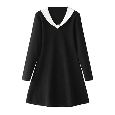 法式小香风撞色翻领针织连衣裙