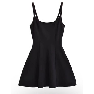 MH快时尚 法式复古方领黑色收腰弹力修身显瘦度假吊带裙短裙女