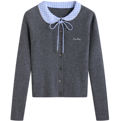 HERLIAN 2026年春季新品不对称领拼接女士长袖针织开衫上衣