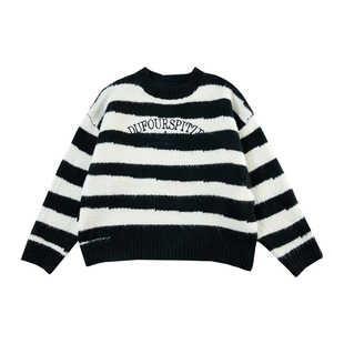 梨小闲女童针织衫秋冬新款黑白条纹百搭时尚潮中大童套头毛衣