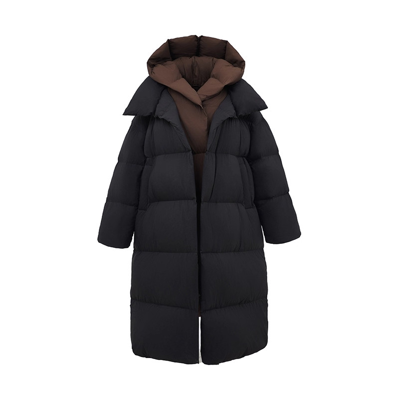 MSHR撞色磁吸扣鹅绒服过膝长款大被子2025冬季连帽加厚保暖羽绒服