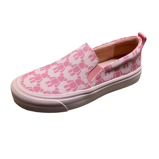 欧货小熊帆布乐福鞋女英伦风粉色厚底单鞋休闲透气一脚蹬懒人鞋潮