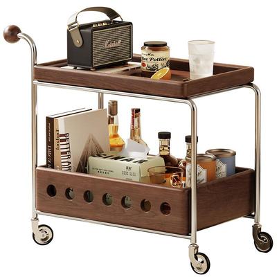 素图 中古风小推车客厅小户型收纳架可移动北美黑胡桃木茶几边几
