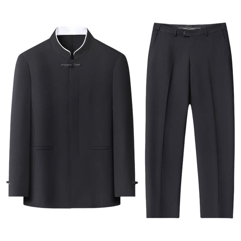 胖子宽松中式立领盘扣西服套装