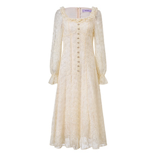 MAXRIENY法式复古宫廷重工连衣裙荷叶边X型收腰长裙端庄领证裙子