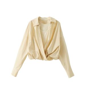 POPCHRIO欧可芮◆假两件法式慵懒风交叠v领衬衫宽松长袖上衣女春