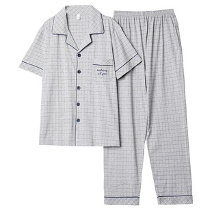 爸爸睡衣夏季薄款短袖长裤纯棉男士家居服加大码中老年人男款套装