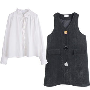 2026春款胖莹莹大码女装200斤胖mm小香甜美木耳边衬衫背心裙套装