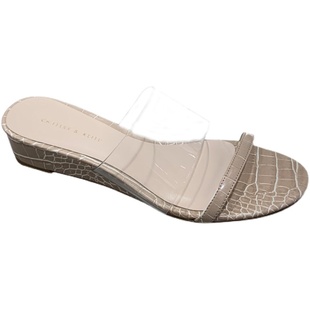 2025夏季新款欧美时尚透明凉鞋女坡跟中跟石头纹圆头女外穿半拖鞋