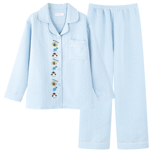 可爱企鹅pingu睡衣女秋冬季空气棉长袖加厚夹棉家居服小清新蓝色