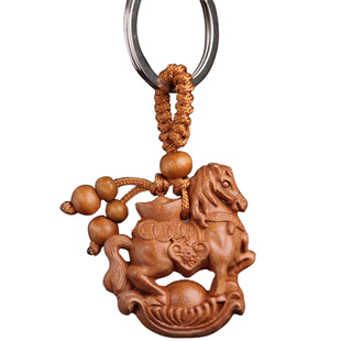 桃木十二生肖钥匙扣挂件卡通龙马羊狗兔平安情侣吊坠创意可爱饰品
