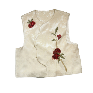 新中式气质高级感人丝提花钉珠石榴花马甲2026女春季新款马夹背心