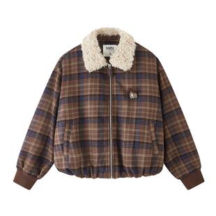 三福加厚外套2025新款冬季可拆装饰毛绒翻领格子短上衣女装848989