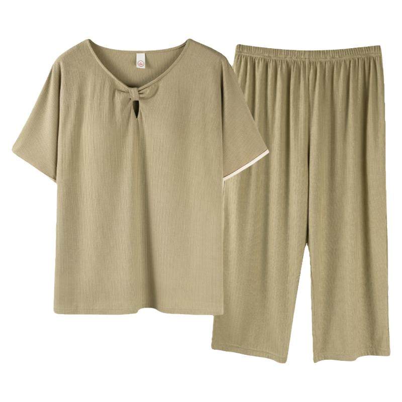 莫代尔女士夏款短袖七分裤带胸垫中年妈妈睡衣夏季冰丝家居服春秋
