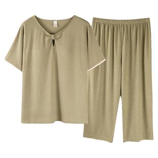 莫代尔女士夏款短袖七分裤带胸垫中年妈妈睡衣夏季冰丝家居服春秋