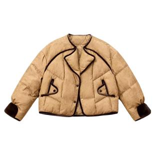 高端新中式国风白鹅绒水貂毛皮草羽绒服女圆领提花小个子短款外套