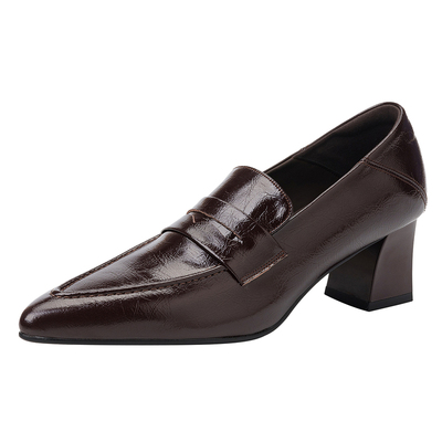 达芙妮乐福鞋粗高跟尖头单鞋皮鞋