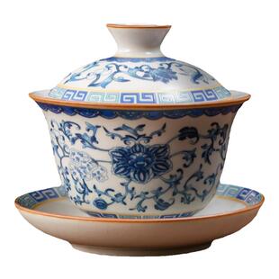 捷安玺盖碗茶杯青花汝窑三才茶碗带盖单个高档家用茶具泡茶手抓壶