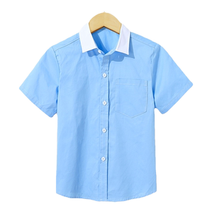 儿童装短袖蓝色衬衫男童白领子衬衣校服园服学院装女童夏季中大童