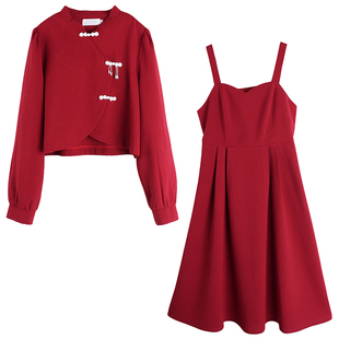 胖仙女莹莹大码女装胖mm秋装复古遮肉盘扣外套红色吊带连衣裙套装